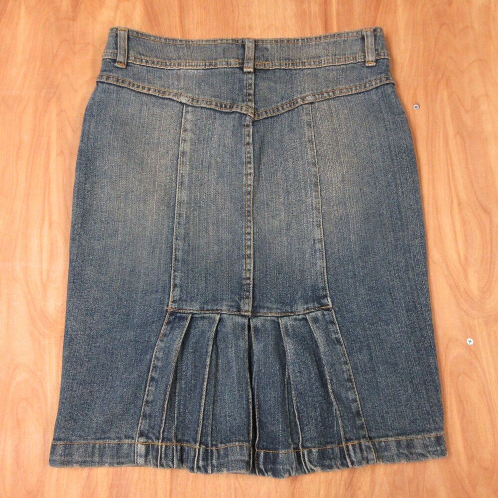 BISOU BISOU Pleated Jean Skirt VINTAGE Size 4 Faded Blue Stretch Denim 90s Y2K